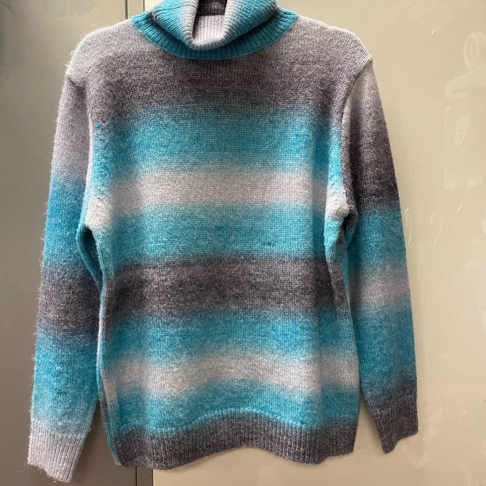 Ladies Grey and Blue Striped turtleneck Sweater.